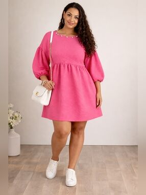 Simply Southern Pink Babydoll Dress XXL  Pearl Rhinestone Neckline Puff Sleeve